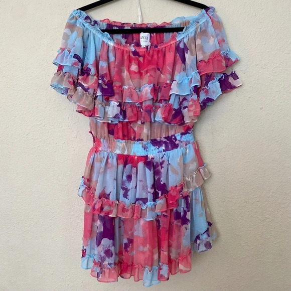 MISA Los Angeles Isella Ruffled Floral Mini Dress pink blue size M‎ - Picture 3 of 10